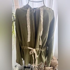 New Pol Olive Green Hoodie with Cream Lace Ties